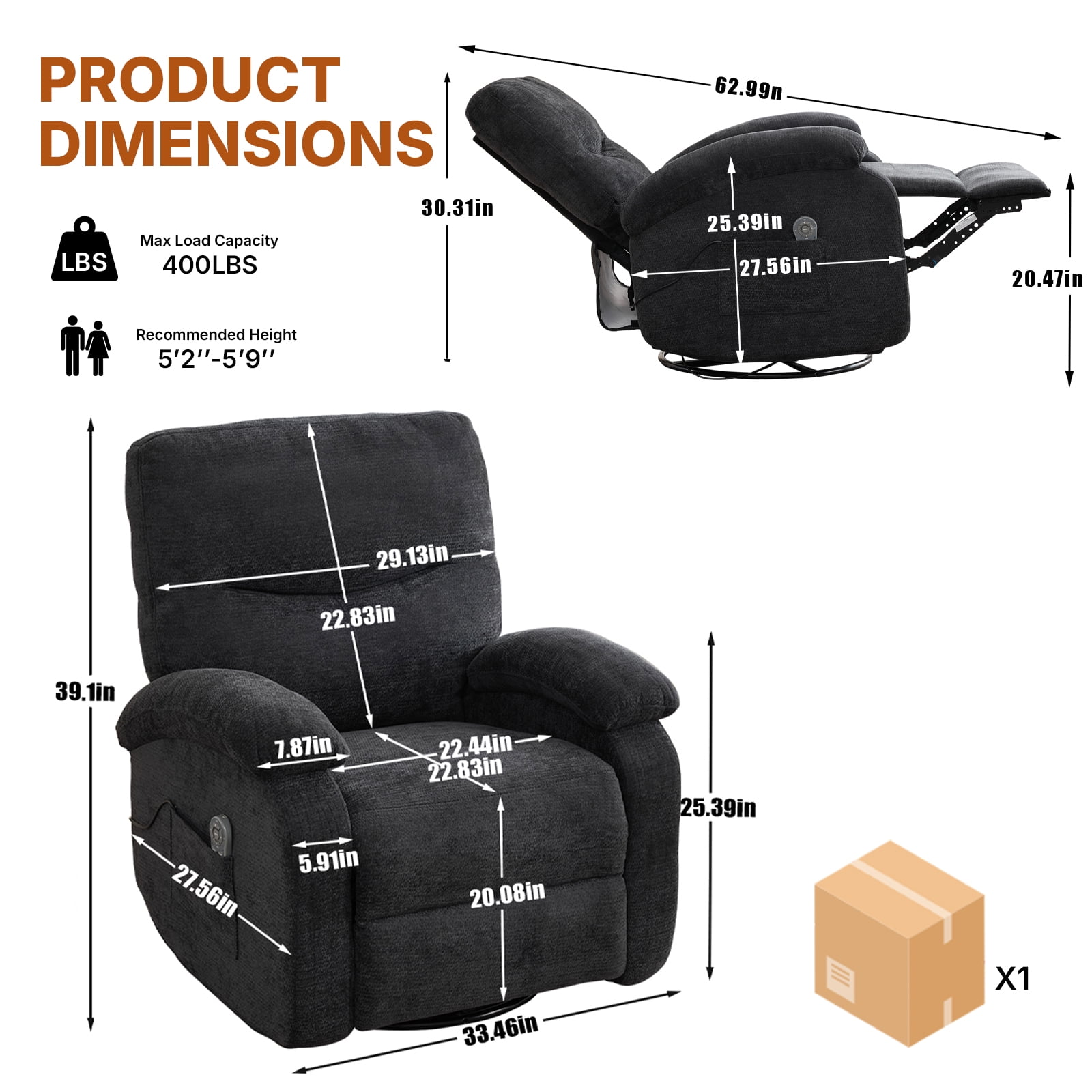 360 Swivel Manual Recliner Chair with Heat and Massage, Overstuffed Comfy Ergonomic Recliner for Elderly Seniors, Lumbar Back Pain Relief w/Pockets, Home Theater Living Room, Black