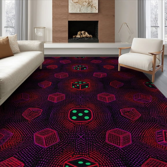 ODIKA 8'x10' Washable Area Rug Dice Graphic Funky Aesthetic Streetwear Men Cartoon Anime Alt Refined Structured for King Size Bedroom Under Bed, Master Suite, Non-Shedding, Easy Care