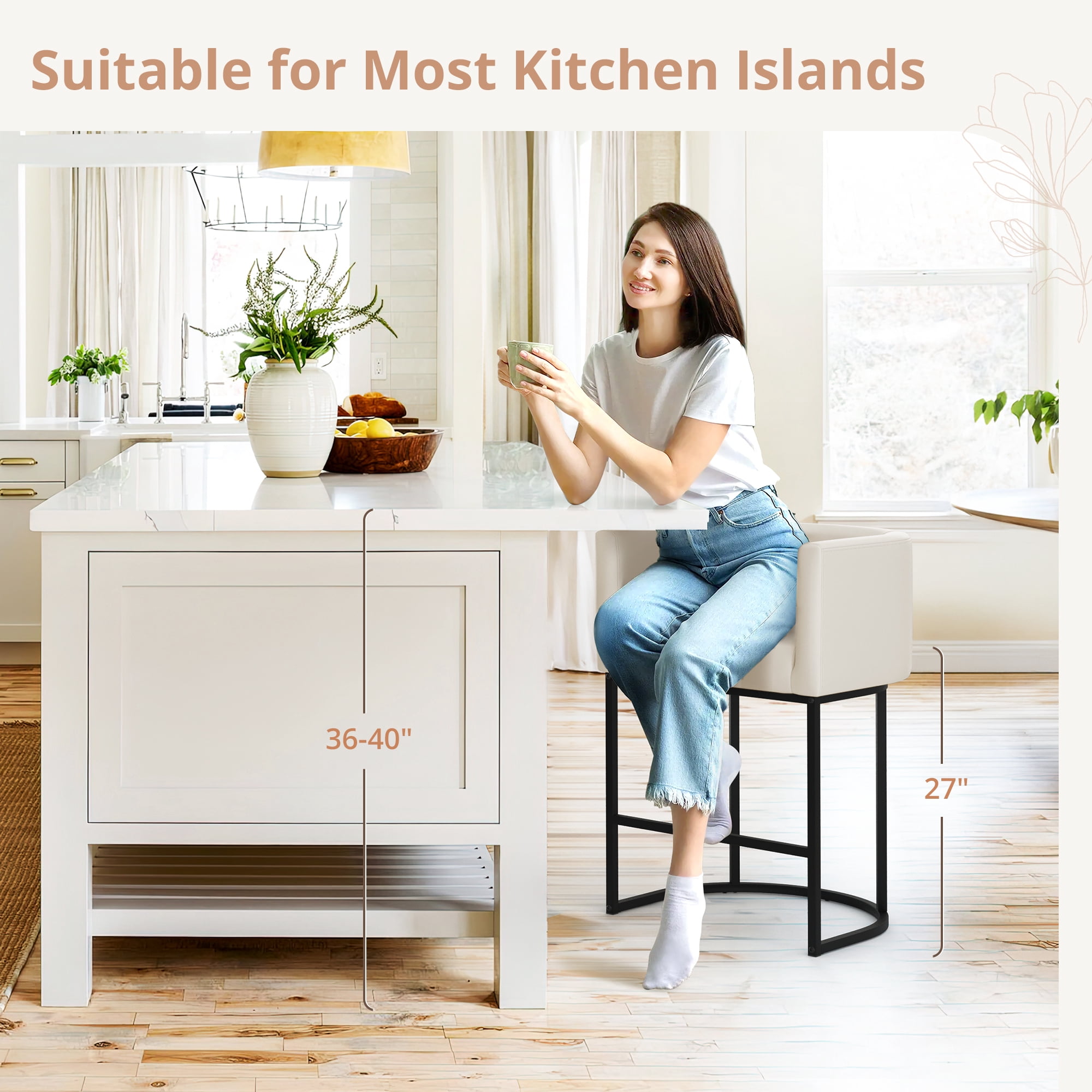 Dycanpo 27" H Modern Bar Stools Set of 3 with Back and Arms, for Home Kitchen, Antique White