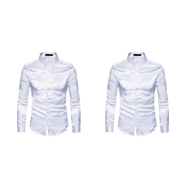 Qarigey Camisa Slim Fit Satin Smooth para hombre: cuello vuelto y mangas largas para un estilo versátil en el hogar o camisas informales blanco METRO 2Conjunto