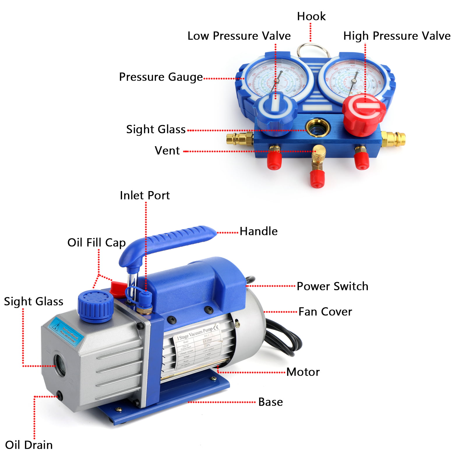 Combo 3,5CFM 1/4HP Air Vacuum Pump HVAC R134A Kit AC A/C Manifold Gauge Set 