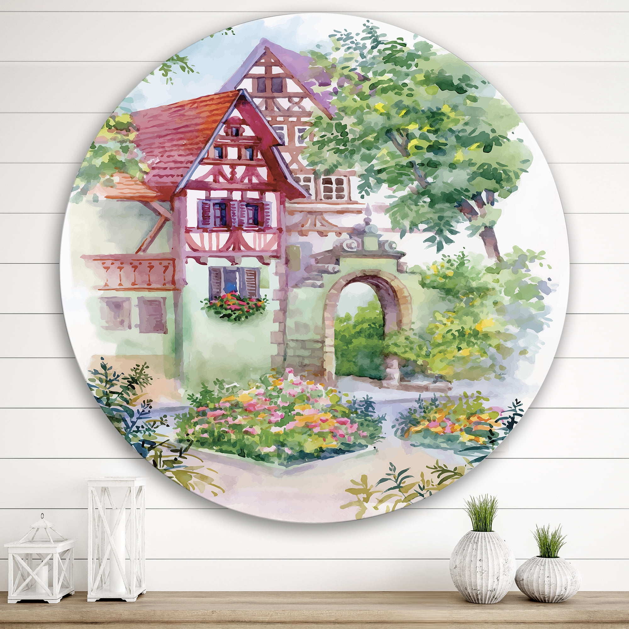 Designart 'Red Rustic House In The Country Side Landscape' Traditional Circle Metal Wall Art 36x36 - Disc of 36