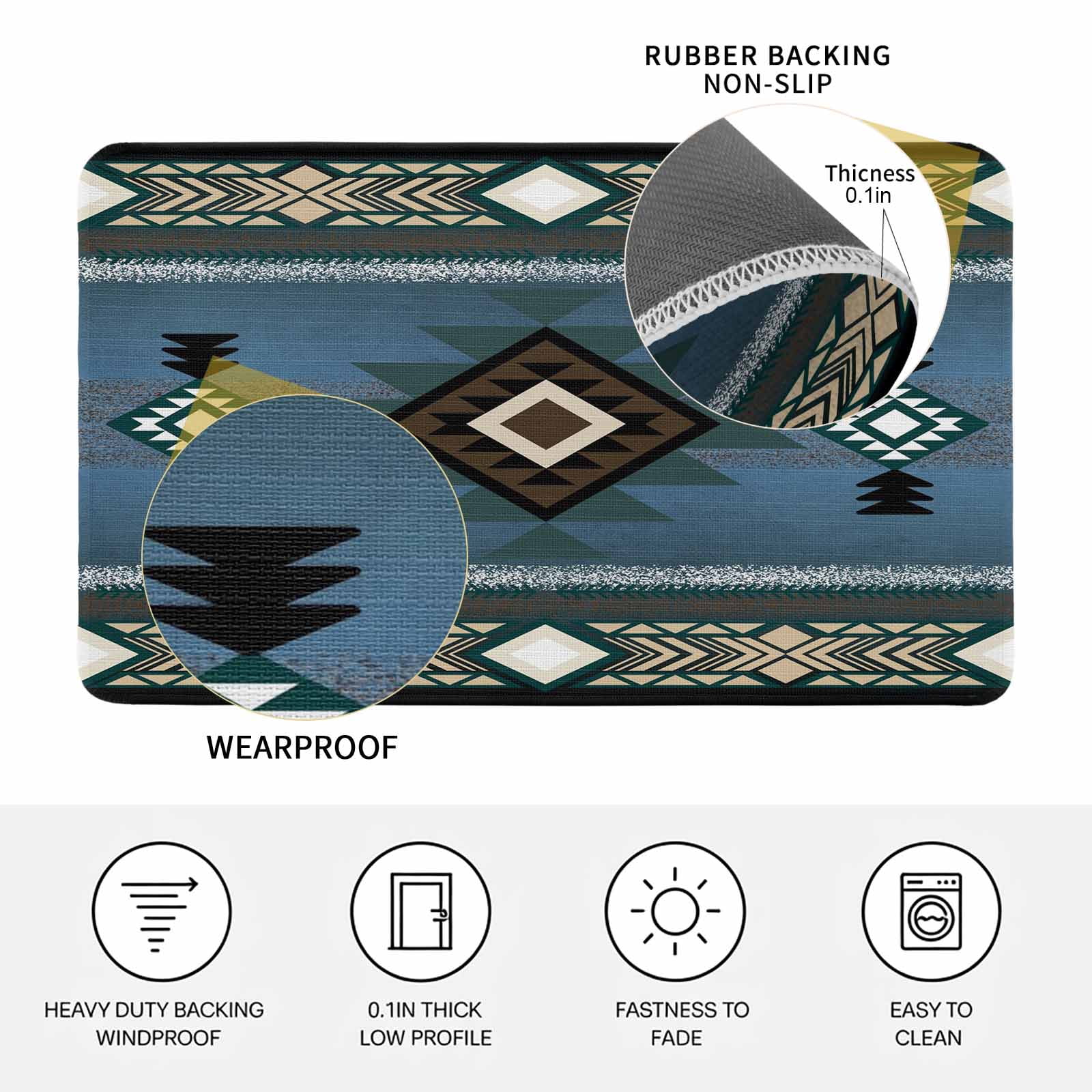 Blue Southwest Doormat Outdoor Entrance 18"x30", Farmhouse Boho Aztec Abstract Geometric Absorb Moisture Dirt Door Mats, Non-Slip Rubber Backing Floor Mats Indoor, Low-Profile Front Door Rugs