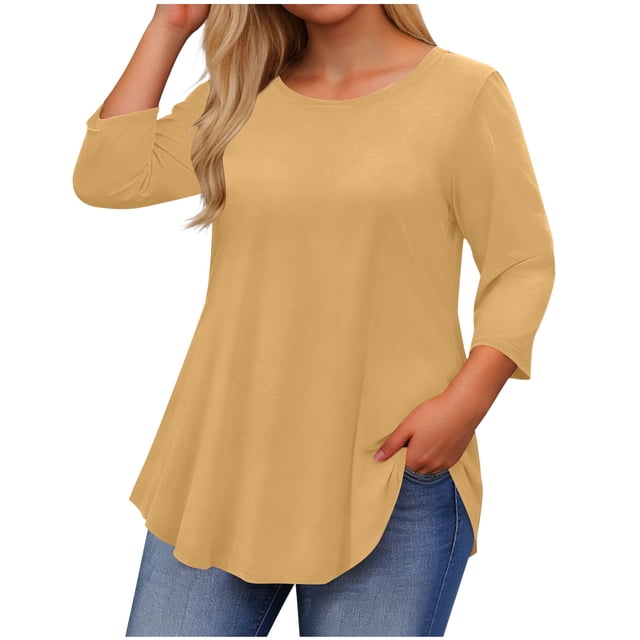 Hauts Grande Taille pour Femmes Manches 3/4 Col Rond Coupe Ample T-Shirt Décontracté