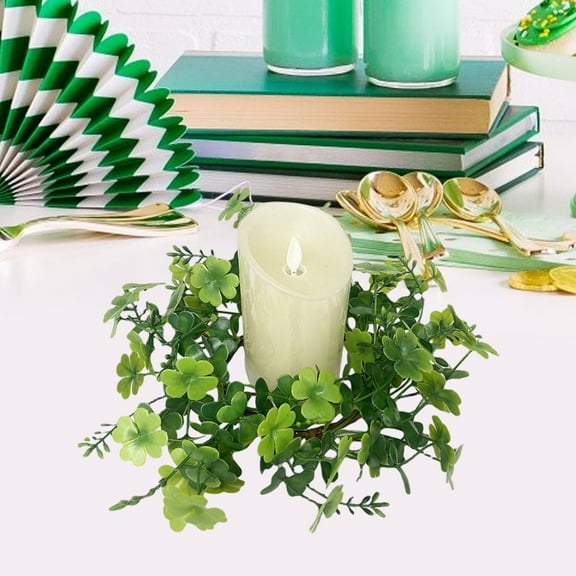 Artificial Shamrock Candle Wreaths for Pillar Candles, Candle Rings Wreaths Wedding Candle Rings, Center Green Easter Rings Wreaths for Table St. Patrick's Day