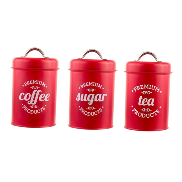 3 botes de cocina para almacenar café, té, azúcar, latas, frascos y alimentos. rojo