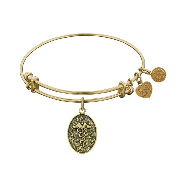 Yellow Stipple Finish Brass Caduceus Angelica Bangle Bracelet, 7.25"