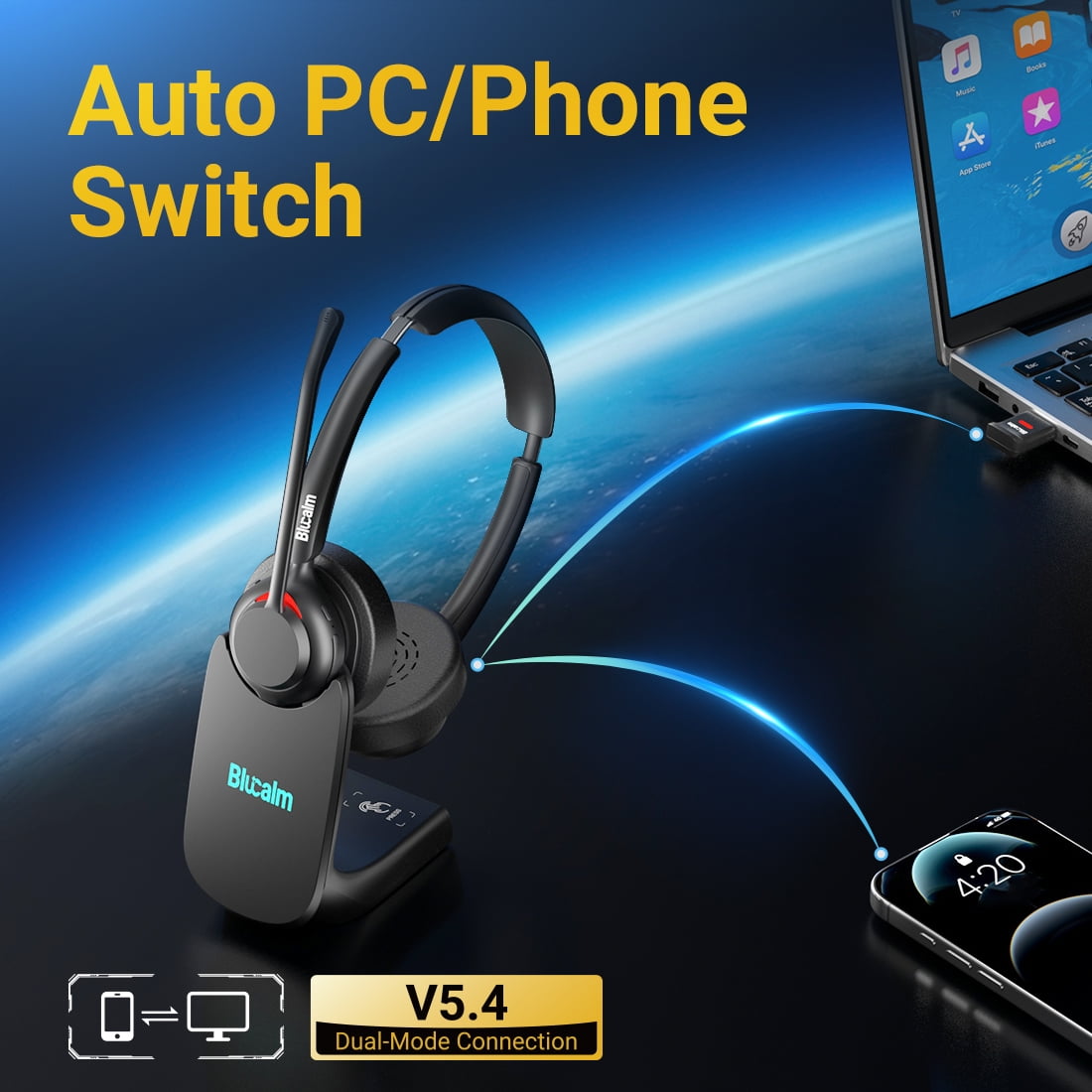 Blucalm V5.4 Wireless Headset with Microphone, Computer Headset with Charging Base & USB Dongle for PC, Wireless Headphones with Noise-Cancelling Mic for Work, WFH, Teams