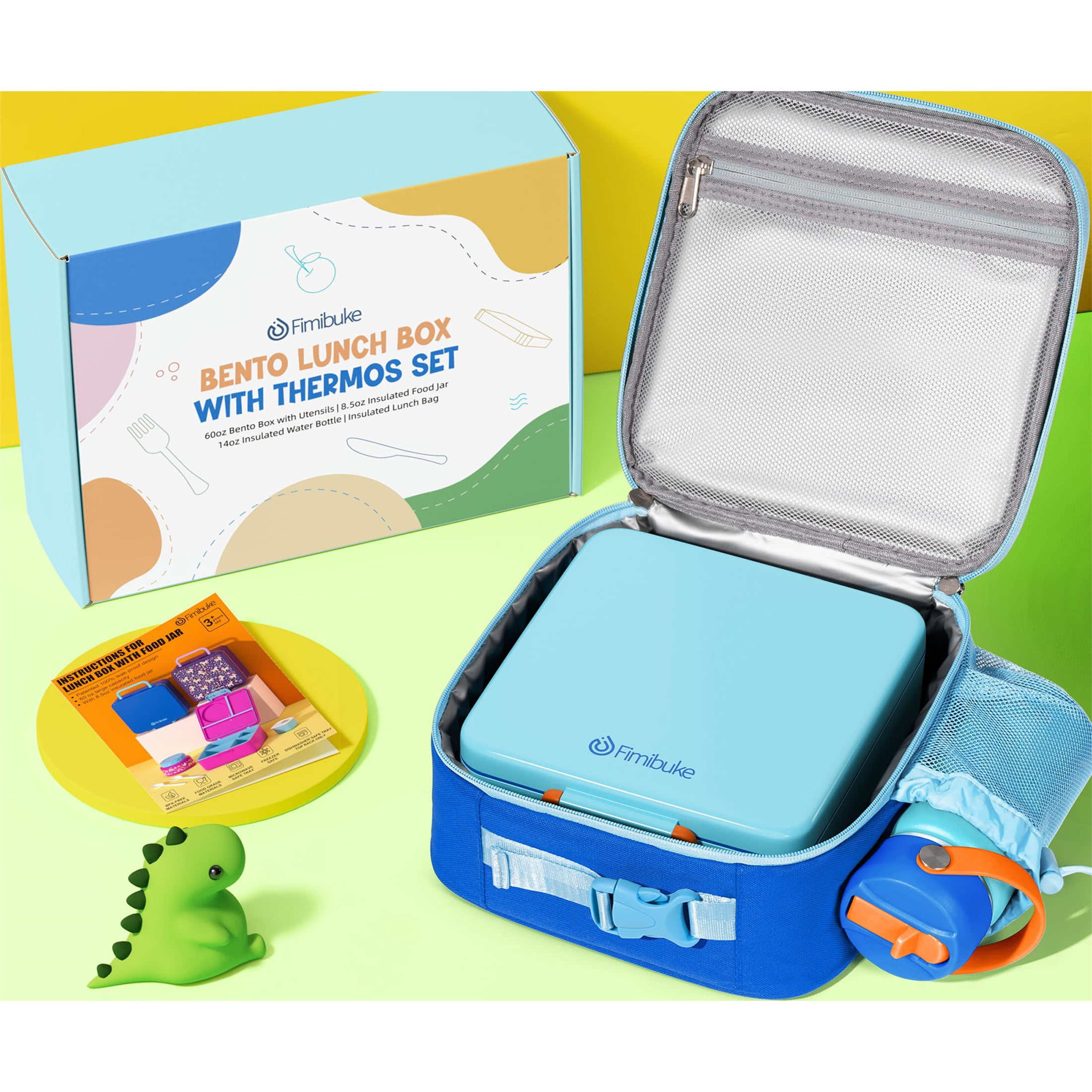 Bento Lunch Box Set for Teen Adult, Lunch Food Container 3-4 Compartment with 14 OZ Water Bottle, Food Jar, Insulated Lunch Bag, Sauce Cup, Utensils, Ocean Blue