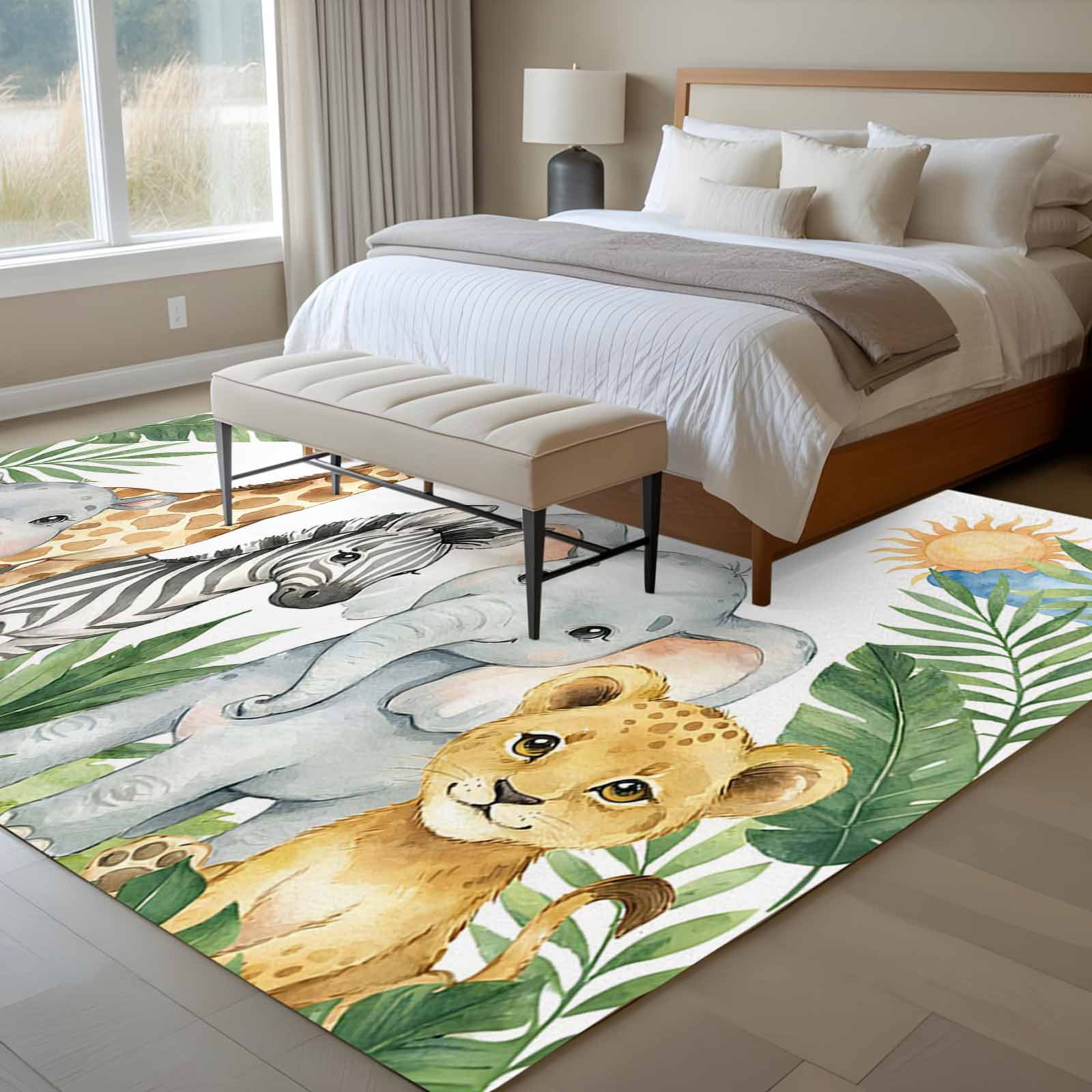 Cute Animals Area Rugs 6'x9', Washable Small Throw Rugs for Kitchen Dining room, Funny Summer Botanical Palm Leaves Indoor Outdoor Rug Non-Slip Low Pile Carpet Runner Reversible Floor Mats