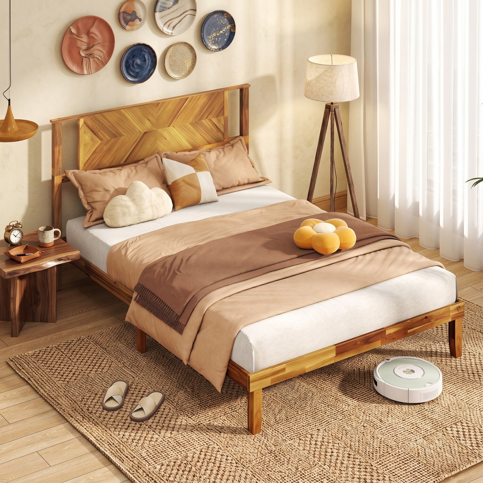 Furnibear Queen Bed Frame Acacia Wood Platform Bed Frame with Mid-Century Headboard, Queen Bed Frame with Headboard No Box Spring, Rustic Golden Brown