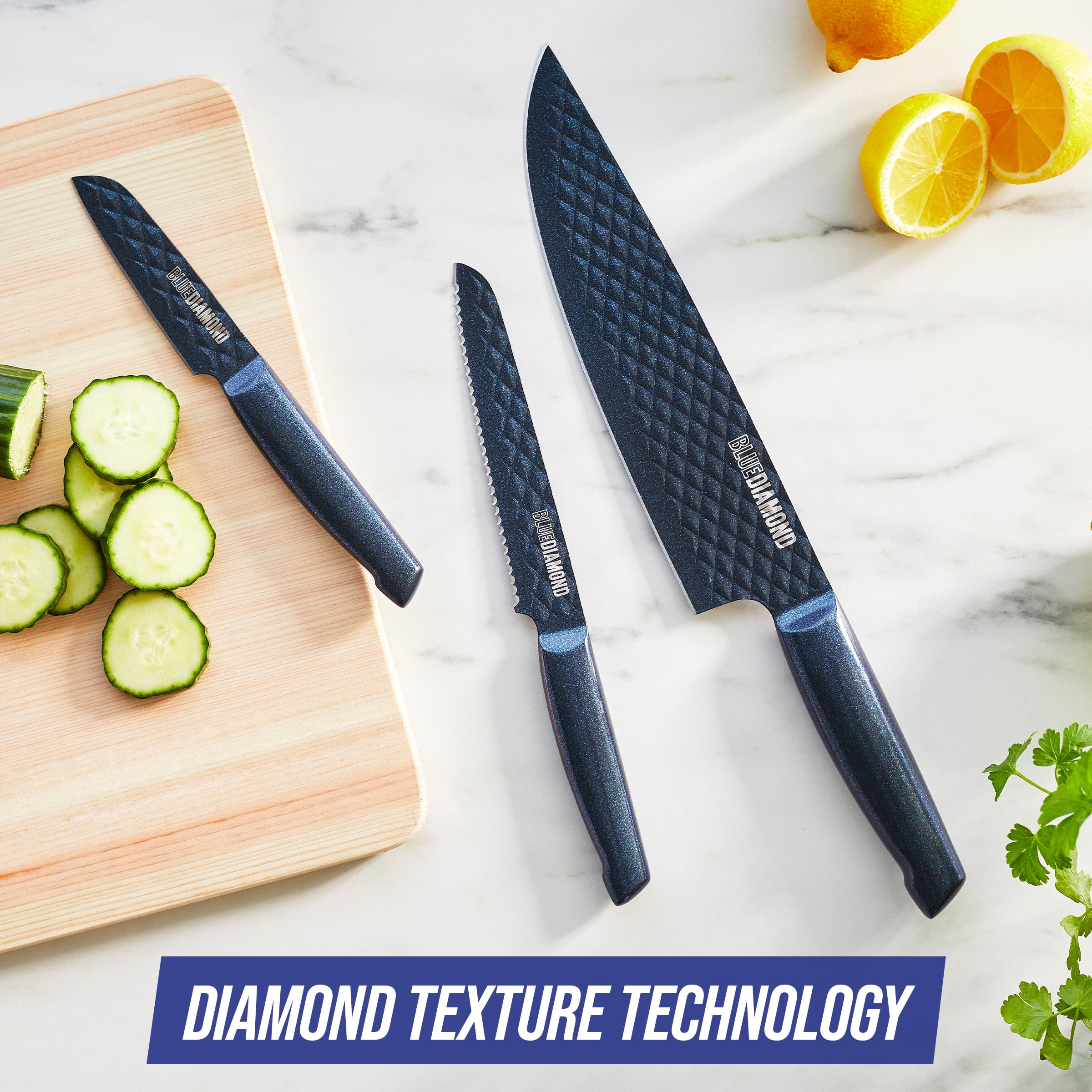  Blue Diamond Sharp Stone Nonstick Stainless Steel Cutlery, 14  Piece Wood Knife Block Set with Chef Steak Knives and more, Diamond Texture  Blade, Dishwasher Safe Knives, Blue: Home & Kitchen