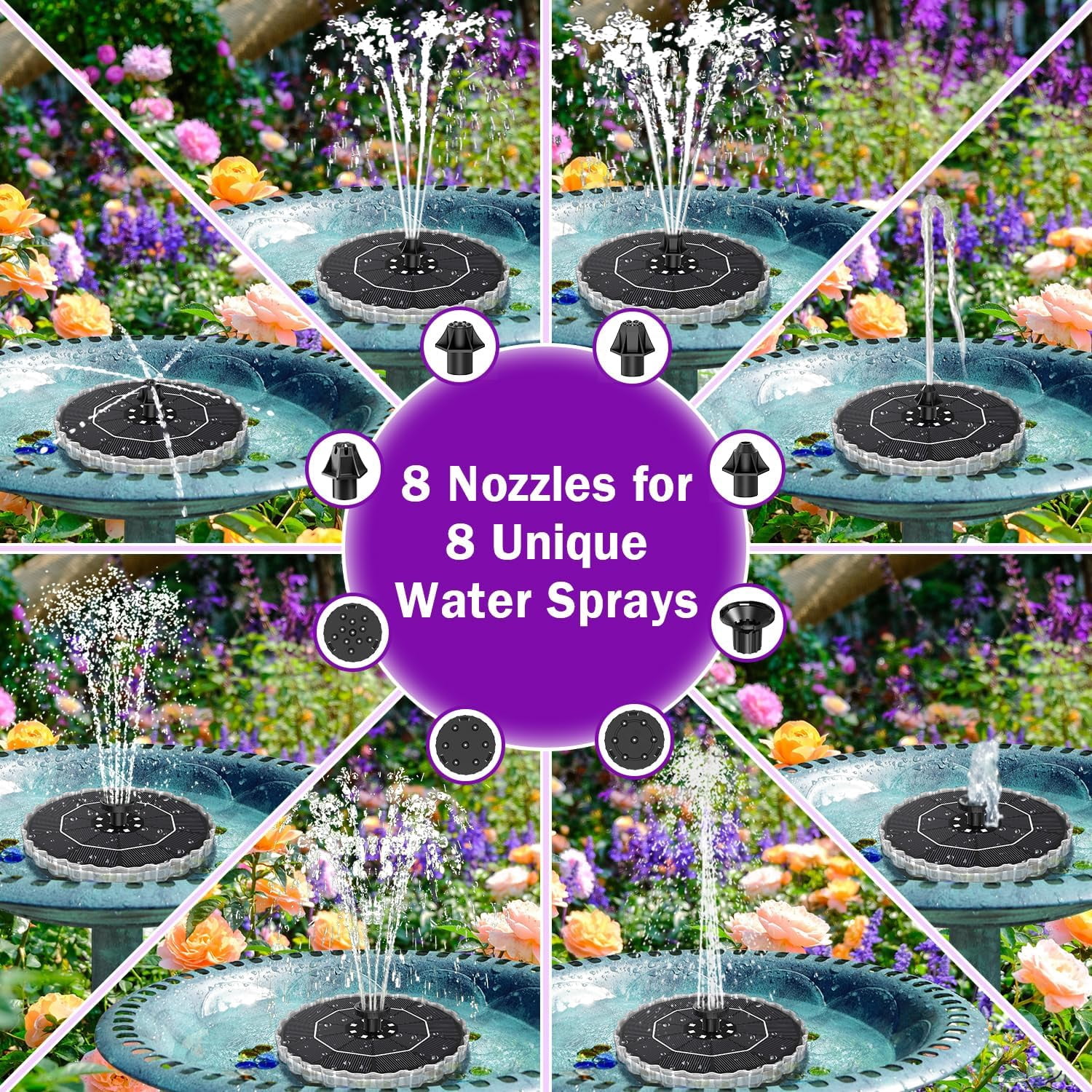 3.5W Solar Water Fountain with 2000mAh Battery and 3D Color Changing LED Light, Anti-Drift Fixer and 8 Nozzles, Outdoor Fountain Kit for Garden, Patio and Pond