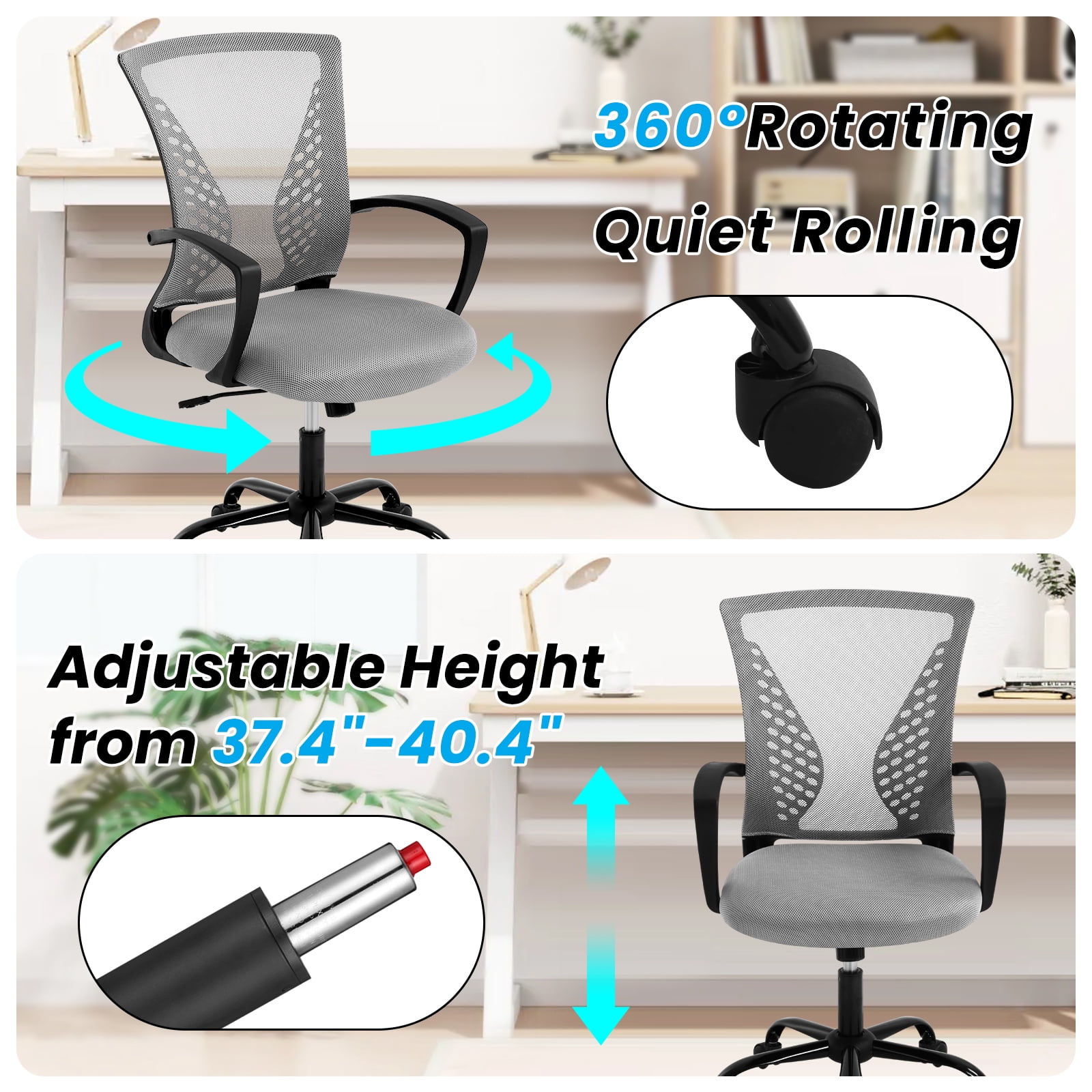 Dkelincs Office Desk Chair Adjustable Mesh Mid Back Office Chair Ergonomic Computer Chair with Lumbar Support & Wheels,  Gray