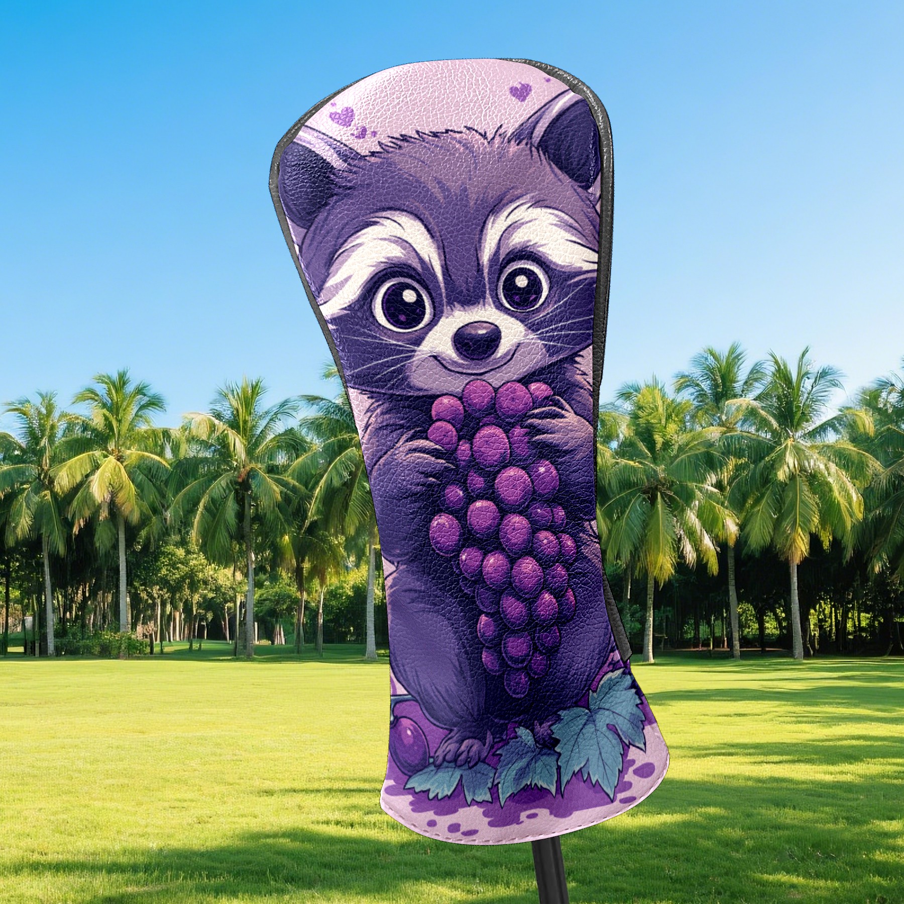 Golf Club Covers PU Leather Waterproof Head Covers for Fairway Woods Hybrids Cartoon Raccoon Grapes