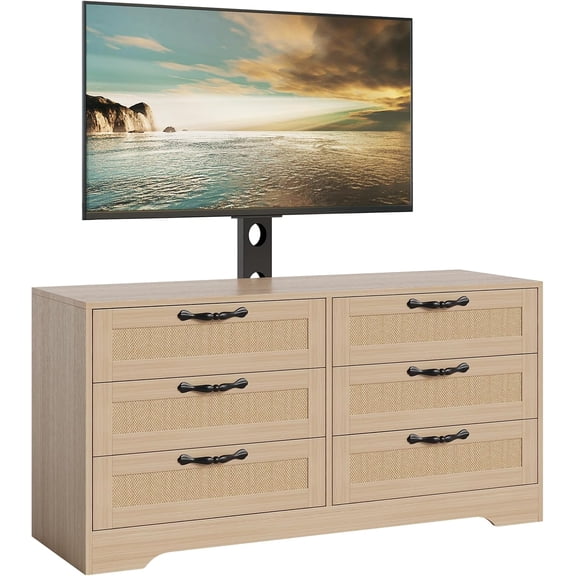 6-Drawer TV Stands for Living Room, Entertainment Center, Rattan-Woven MDF TV Stand,Living Room Furniture,Log