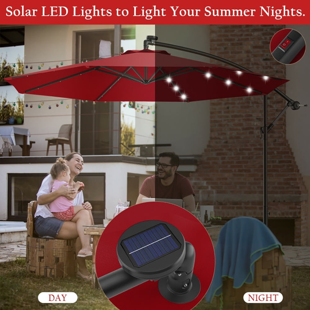 Aimee Lii 10 Feet Patio Hanging Solar LED Umbrella Sun Shade with Cross Base, Table Umbrella Outdoor Patio, Dark Red