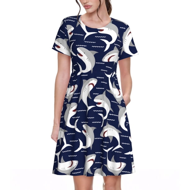 Easygdp Angry Shark para Vestido Transpirable de Mujer, Vestido Suelto de Manga Corta con Pliegues y Bolsillos para el Verano