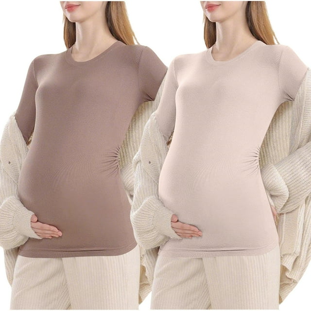MeetoTime Vêtements de Maternité pour Femmes, Haut Uni à Col Rond à Manches Longues, Chandail de Base Mince pour la Grossesse