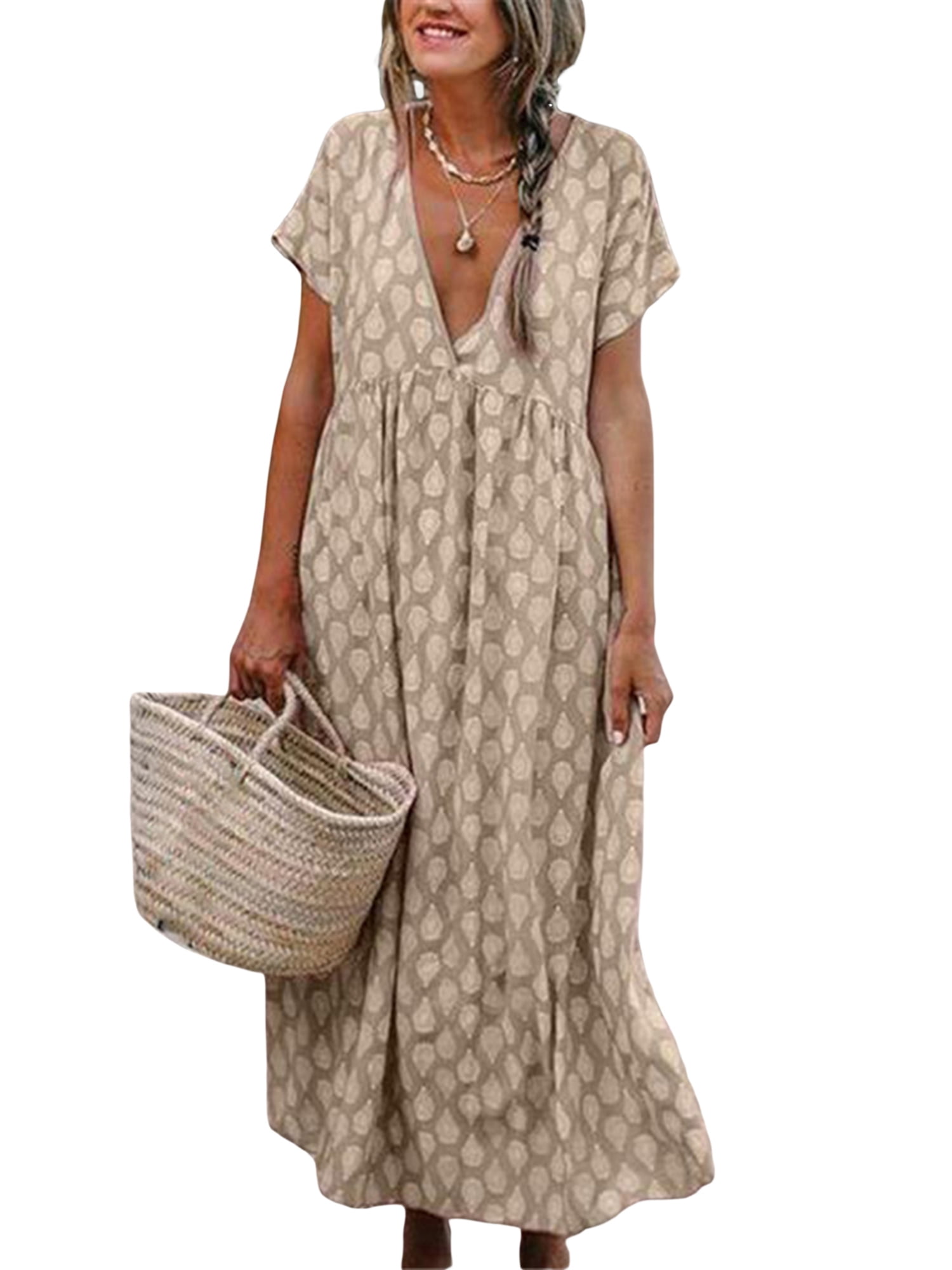 ZANZEA Women Sundress Casual Loose O-Neck Short Sleeve Floral Dress Long Maxi