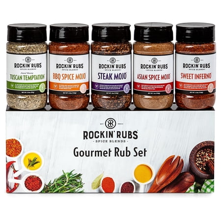 Rockin' Rubs Gourmet Seasoning Gift Set - 5 Pack Full Size Jars of Spices Steak Mojo, BBQ Spice Mojo, Tuscan Temptation, Asian Spice Mojo, & Sweet Inferno - Spice Rub Gift Set for Men, Mom, and Dad