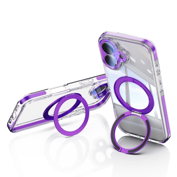 For iPhone 16 Phone Case,Wite 360° Rotatable Ring Kickstand,Built-in Lens Protector,Compatible with Mag-Safe,Transparent Back,Shockproof Anti-fall Rugged Thin Fit Phone Case,Darkpurple