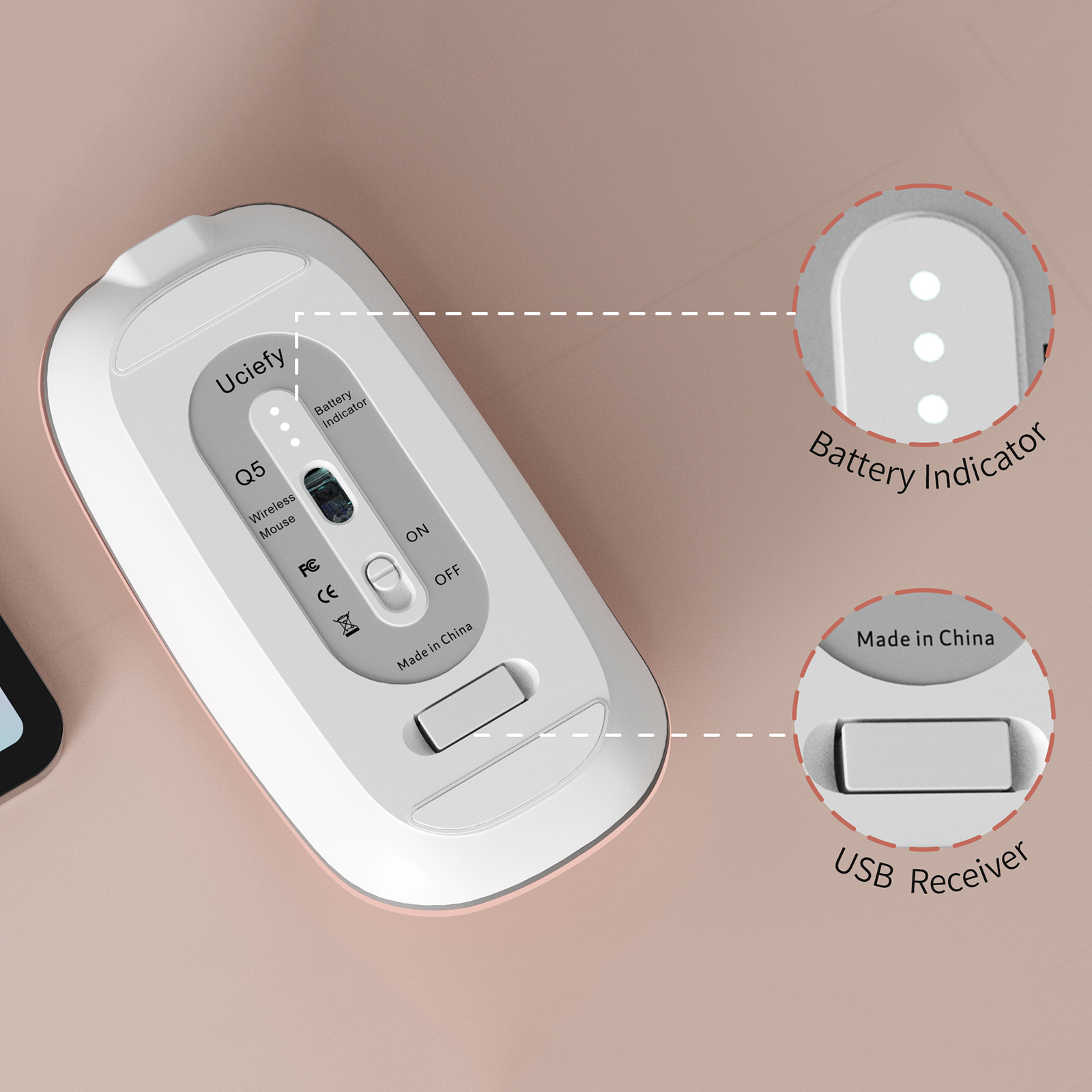 Uciefy Wireless Optical Mouse, Rechargeable, Rose Gold photo 4