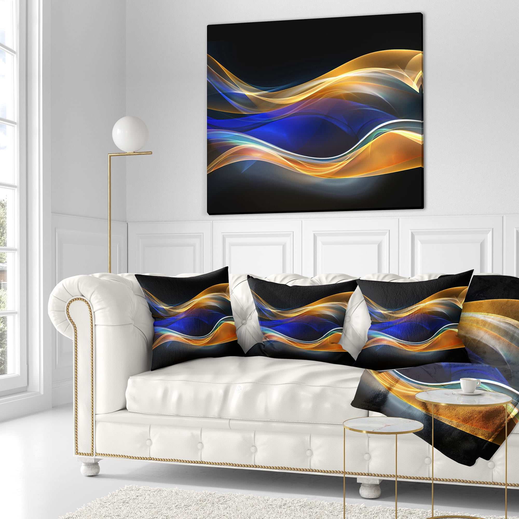 Designart 3D Gold Blue Wave Design - Abstract Throw Pillow - 18x18