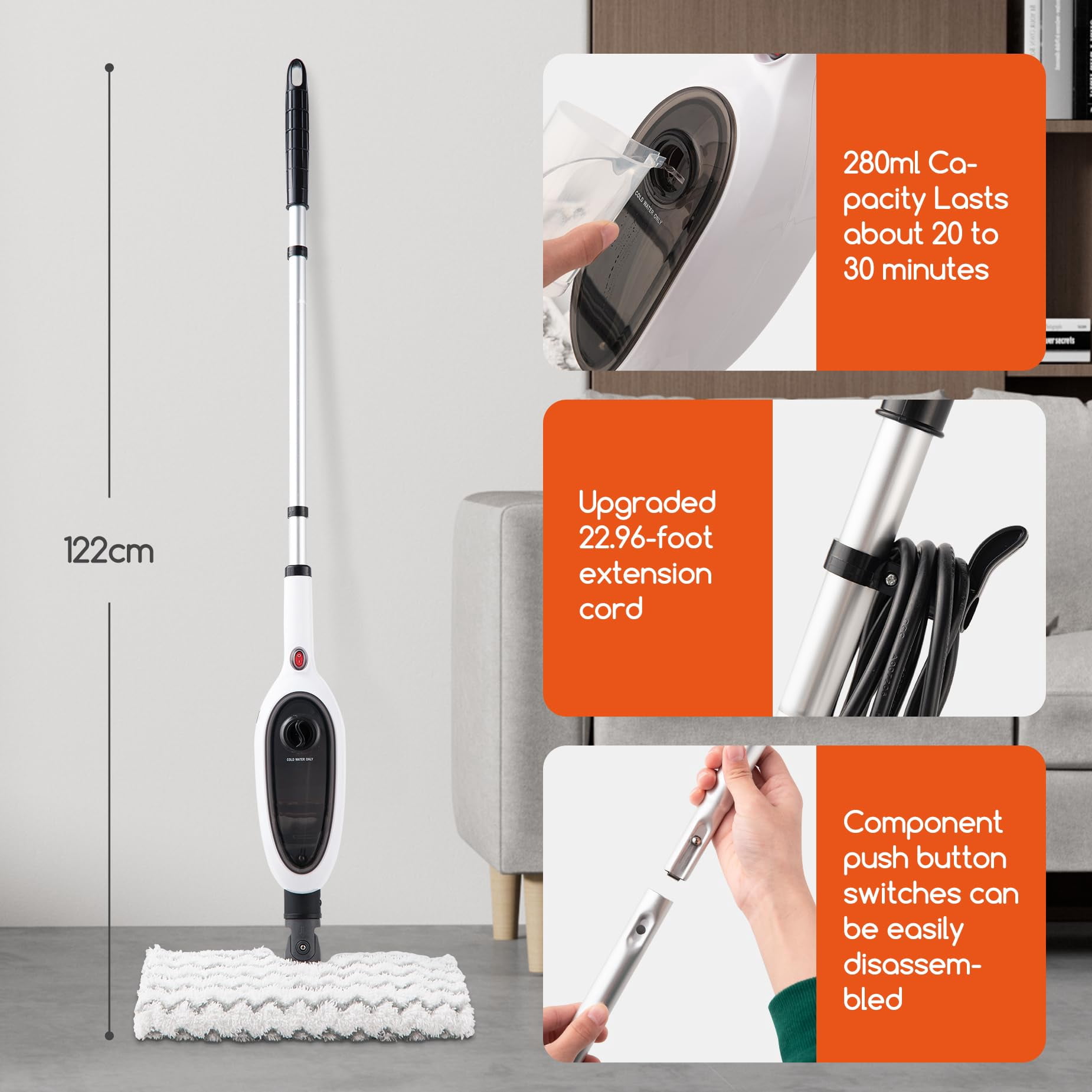 Steam Mops, Double-Sided Flip Steam Cleaner, 15 Seconds Fast Heating, for Kitchen, Wood Tile Hard Floor