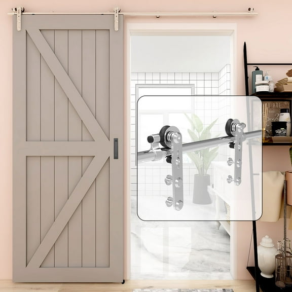 CCJH 5ft Stainless Sliding Barn Door Hardware Kit for 30" Single Door Round Head Sliver