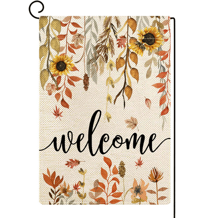 ORTIGIA Welcome Fall Maple Leaves Garden Flag Blurap Vertical Double Sided 12x18inch Autumn Sunflowers Small Garden Flag for Outside Fall Thanksgiving Farmhouse Seasonal Holiday Yard Décor