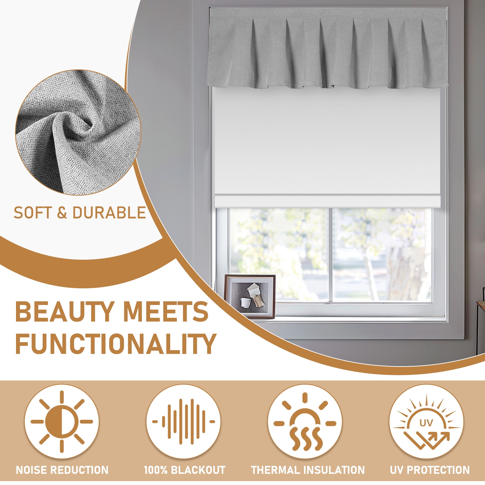 BERISSA No Drill Blinds for Indoor Windows, Blackout Roller Shade With Valance, Room Darkening Noise Reduction Thermal Insulation Roller Blinds for Office and Home,Easy to Install,34"W X 56"H,White