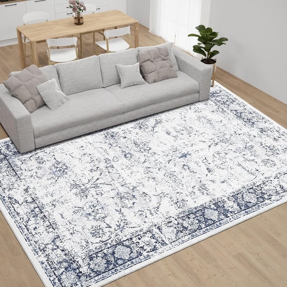 9x12 Washable Area Rug - Non-Slip, Stain Resistant, Vintage Distressed Living Room Rug, Blue
