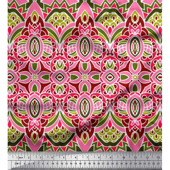 Soimoi Silk Fabric Moroccan Damask Decorative Print Sewing Fabric Yard 42 Inch Wide
