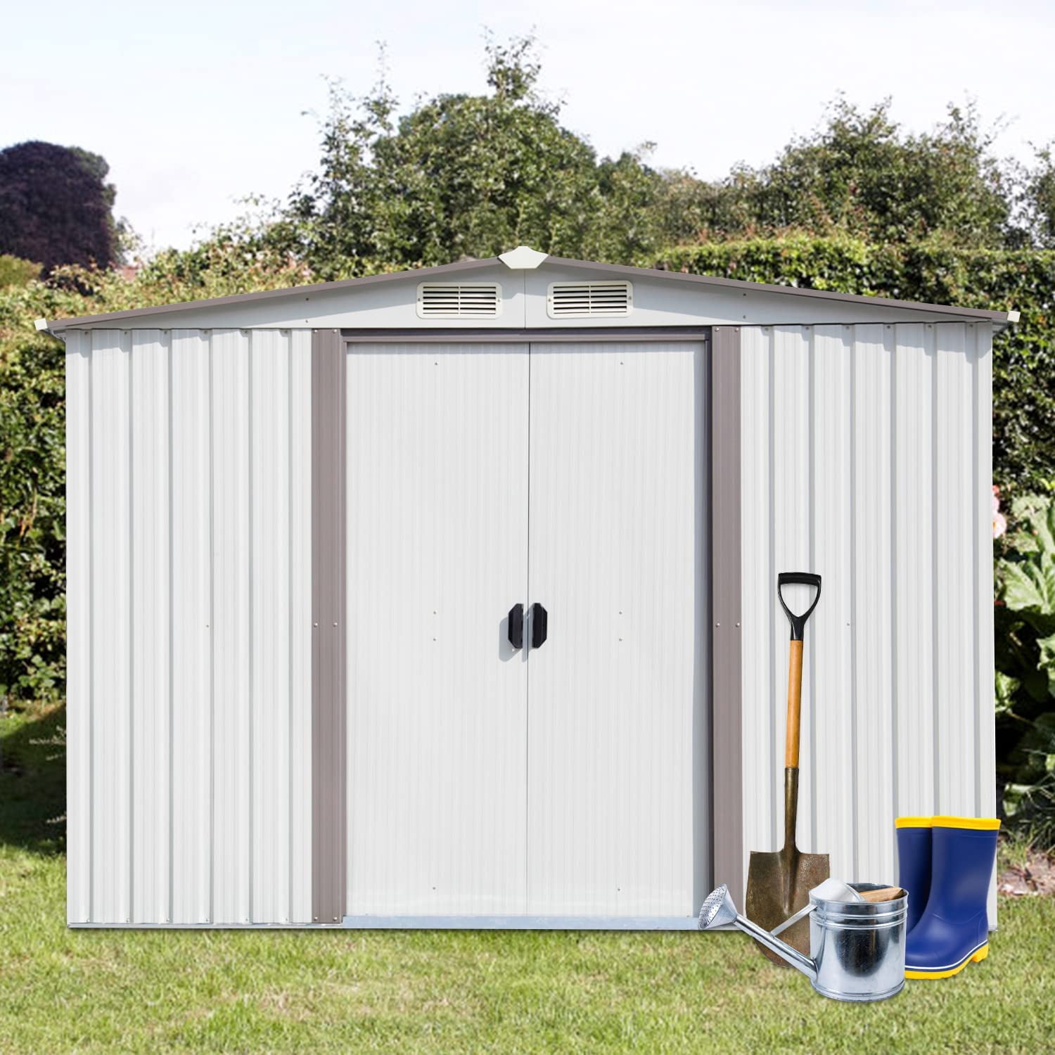 Kinbor 8'x6' Outdoor White Garden Storage Utility Steel Tool Shed