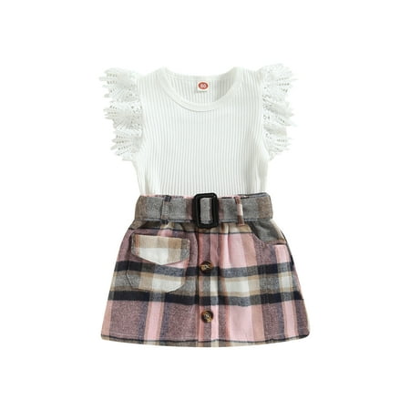 

Sunisery 2Pcs Toddler Baby Girls Summer Outfits Solid Color Flying Sleeve Ribbed Tops Plaid Skirt with Belt Clothes White　9-12 Months