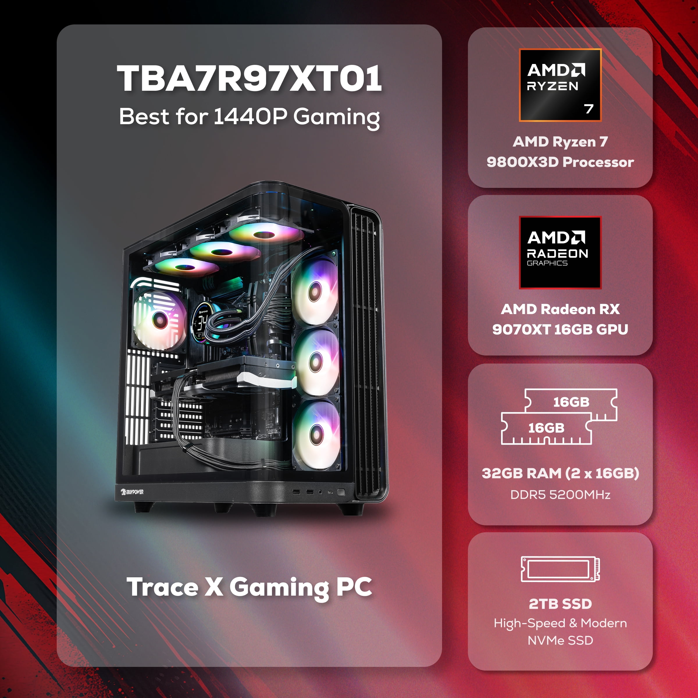 iBUYPOWER Trace Gaming PC Desktop Computer AMD Ryzen 7 9800X3D CPU, AMD Radeon RX 9070XT 16GB GPU, 32GB DDR5 5200MHz RAM, 2TB NVMe SSD, Windows 11 Home, Gamer Keyboard and Mouse - TBA7R97XT01