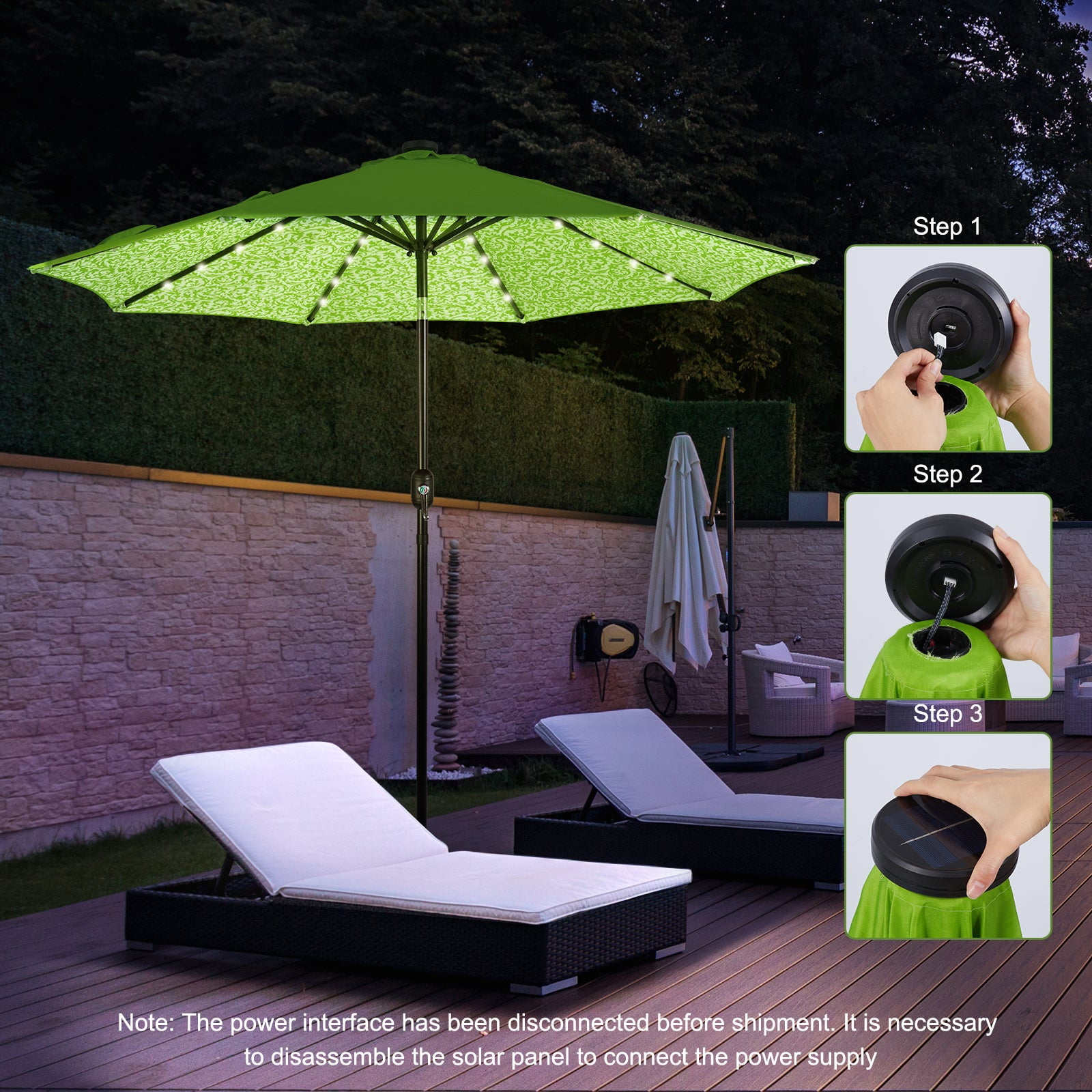 Backyard Expressions 9ft Solar Patio Umbrella with 32 LED Lights – Outdoor Market Umbrella with Tilt & Crank, Solar-Powered Lighting, Water-Resistant Fabric for Patio, Deck, Garden, Pool