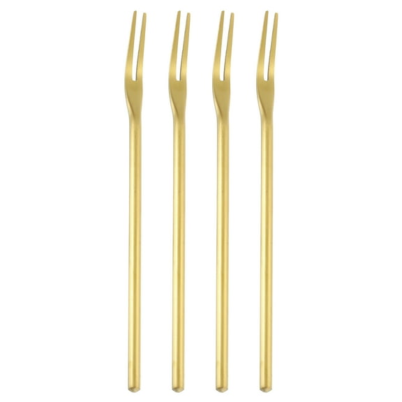 Uxcell 4 Pcs Pickle Fork, 6.3 Inch Olive Fork with Long Handle, Stainless Steel Cocktail Forks, 2-Tine Fork for Dessert Cocktail Fruit and Vegetable Golden