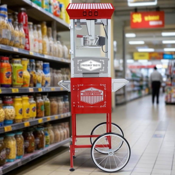 XH-P831-Movie Theater-Style Popcorn Machine Maker with Cart and 12-Ounce Kettle - Red, Vintage-Style Popper on Wheels