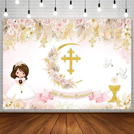 Boho Baptism Backdrop for Girl Mi Primera Comunion Christening Photography Background God Bless First Holy Communion Chalice Doves Pink Floral Pampas Party Decorations Banner Photo Props