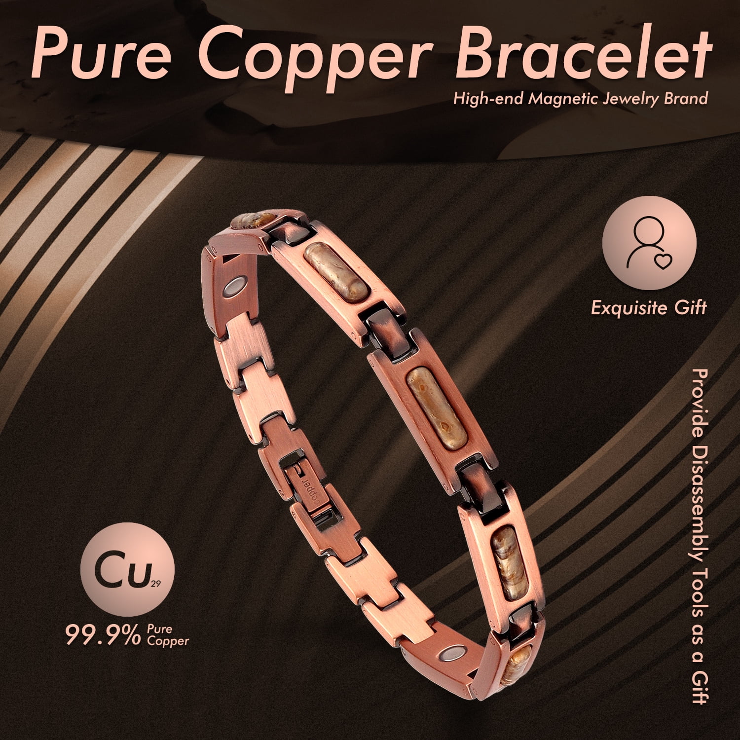 STONE ROCK - Tiger's eye Copper Bracelets for Women or Men - 99.99% Solid Pure Copper Magnetic Bracelets Adjustable