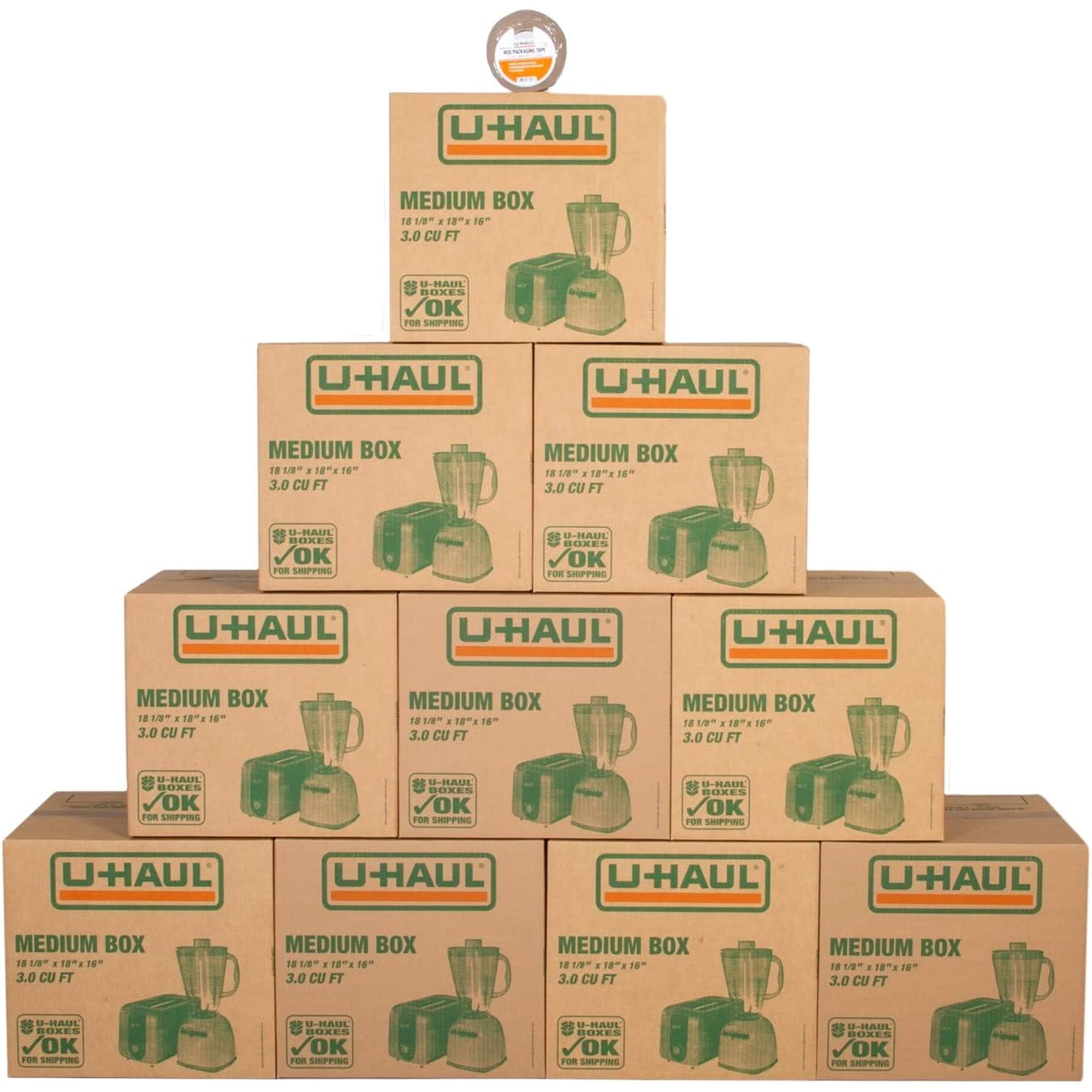 U-Haul Medium Moving Boxes - Pack of 10 Boxes with Handles - 18” x 18 1/8” x 16”- Bonus Roll of Tape Included