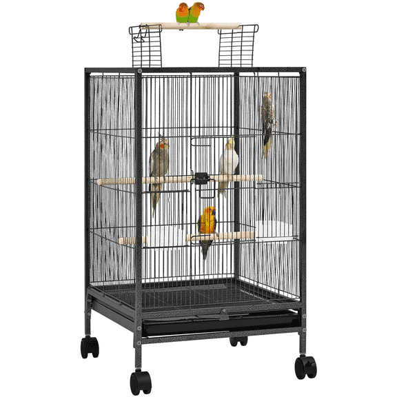 Alden Design 31″ H Wrought Iron Bird Cage with Rolling Stand & Open-top for Parrot, Black