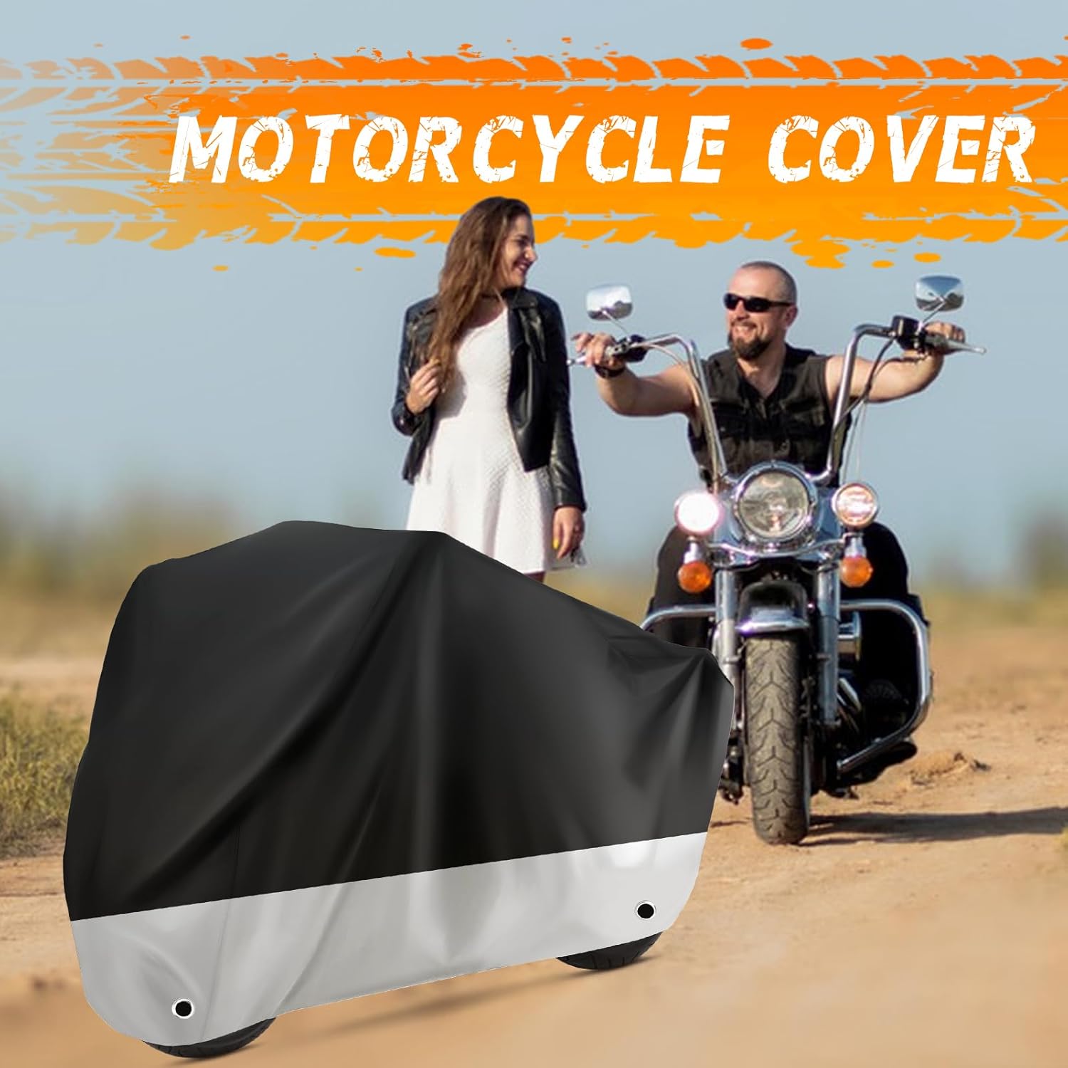 chasenew Motorcycle Cover Waterproof Sun with Lock-Holes & Storage Bag Heavy Duty Material, Fits up to 104" Harley Davison and All Motors (XXL Black&Silvery)