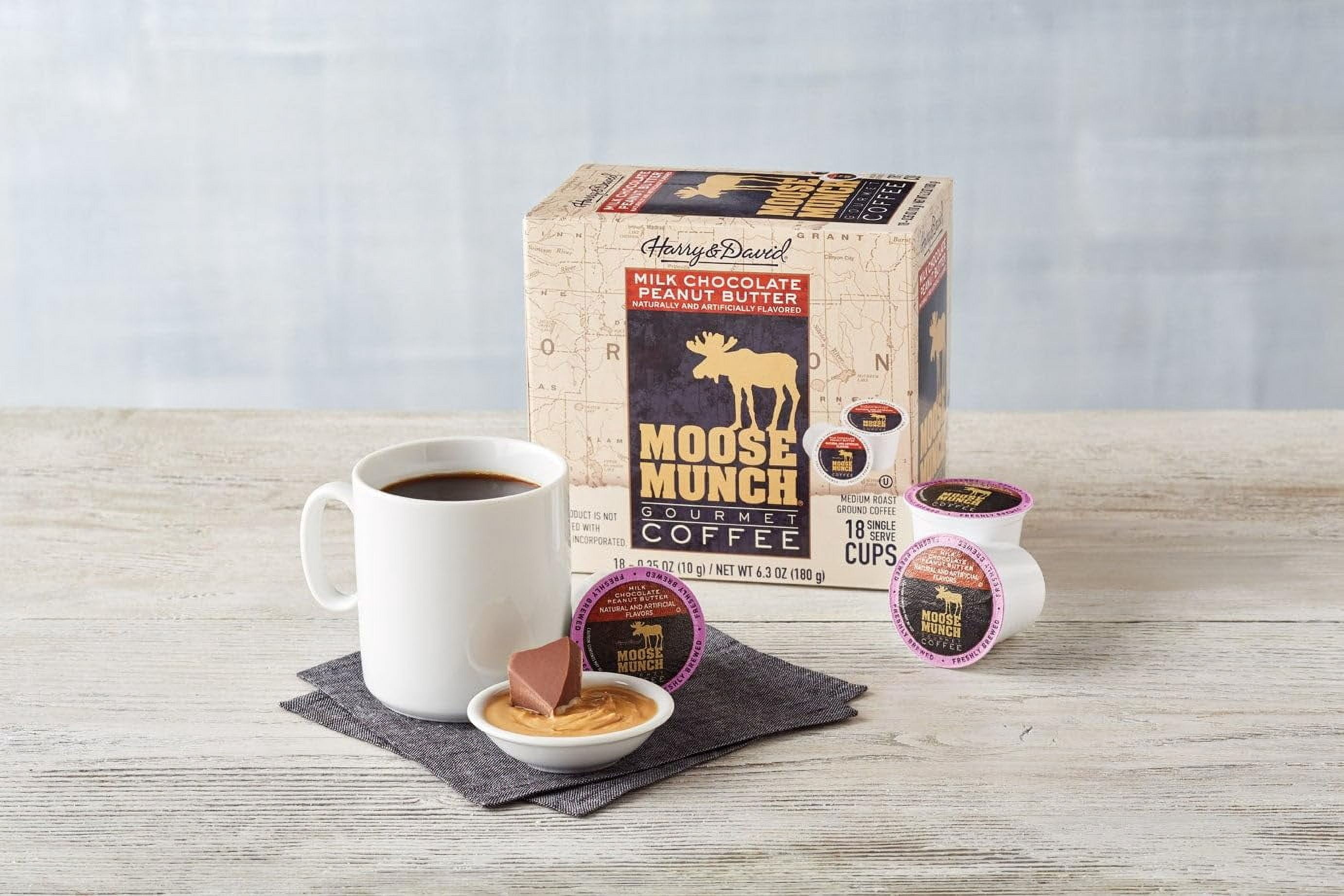 Moose Munch Single Serve Coffee by Harry & David, Milk Chocolate Peanut Butter, Medium Roast, 72 Count (4 Boxes of 18 Pods) – Compatible with Keurig Brewers