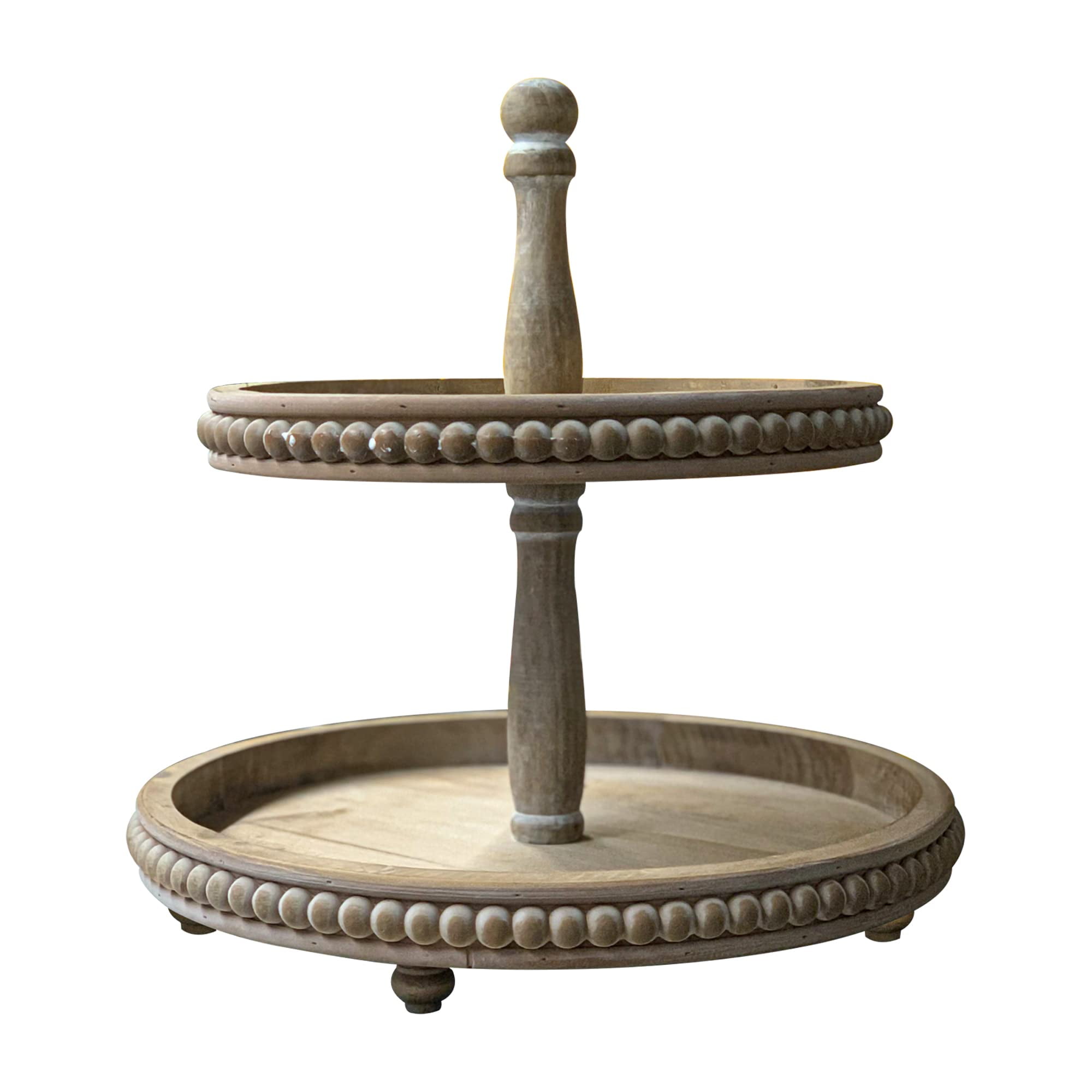First of a Kind Whitewashed Round Decorative 2 Tier Tray Wooden