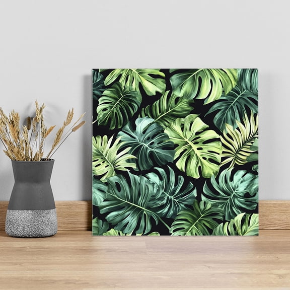 Palm Leaf Wall Art Painting on Canvas, Green Tropical Plant Summer Nature Scenery Canvas Art Home Prints Wall Art Framed Modern Artwork for Living Room Bedroom Wall Decor 16x16in