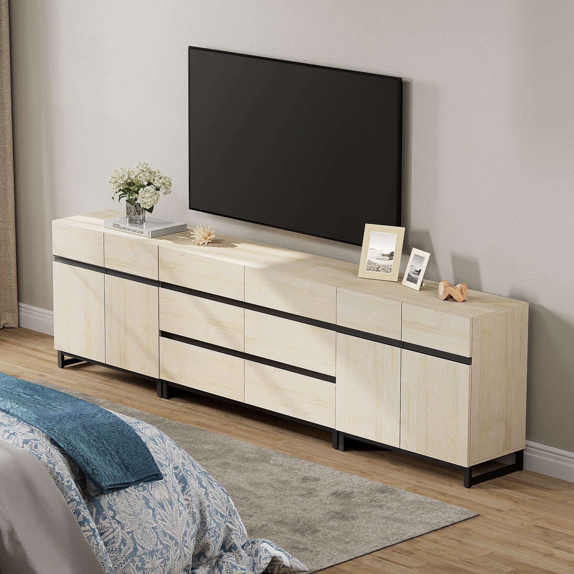 WAMPAT 3-in-1 Modern TV Stand for TVs up to 120 Inch，6 Drawers, Doors & Adjustable Shelf Media Console，Entertainment Center for Living Room & Bedroom,Beige
