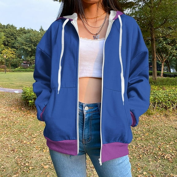 UPPADA Womens Zip Up Hoodie Plus Size Long Sleeve Color Block Hoodies Casual Loose Fit Hooded Sweatshirts Drawstring Pullover with Pocket Hoodies for Women Zip Up Long Blue,XXL